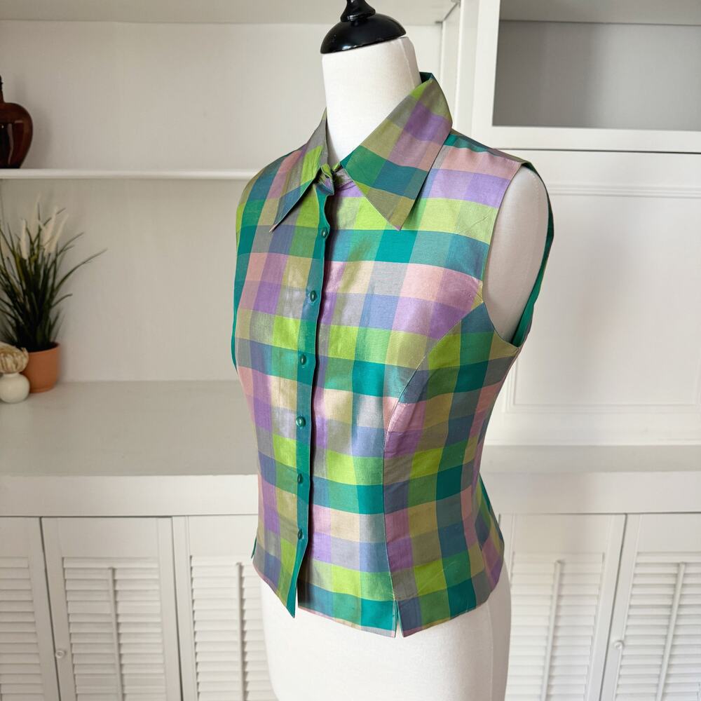 Vintage Halston Checkered Plaid Silk Taffeta Sleeveless Blouse Size S - Picture 1 of 6